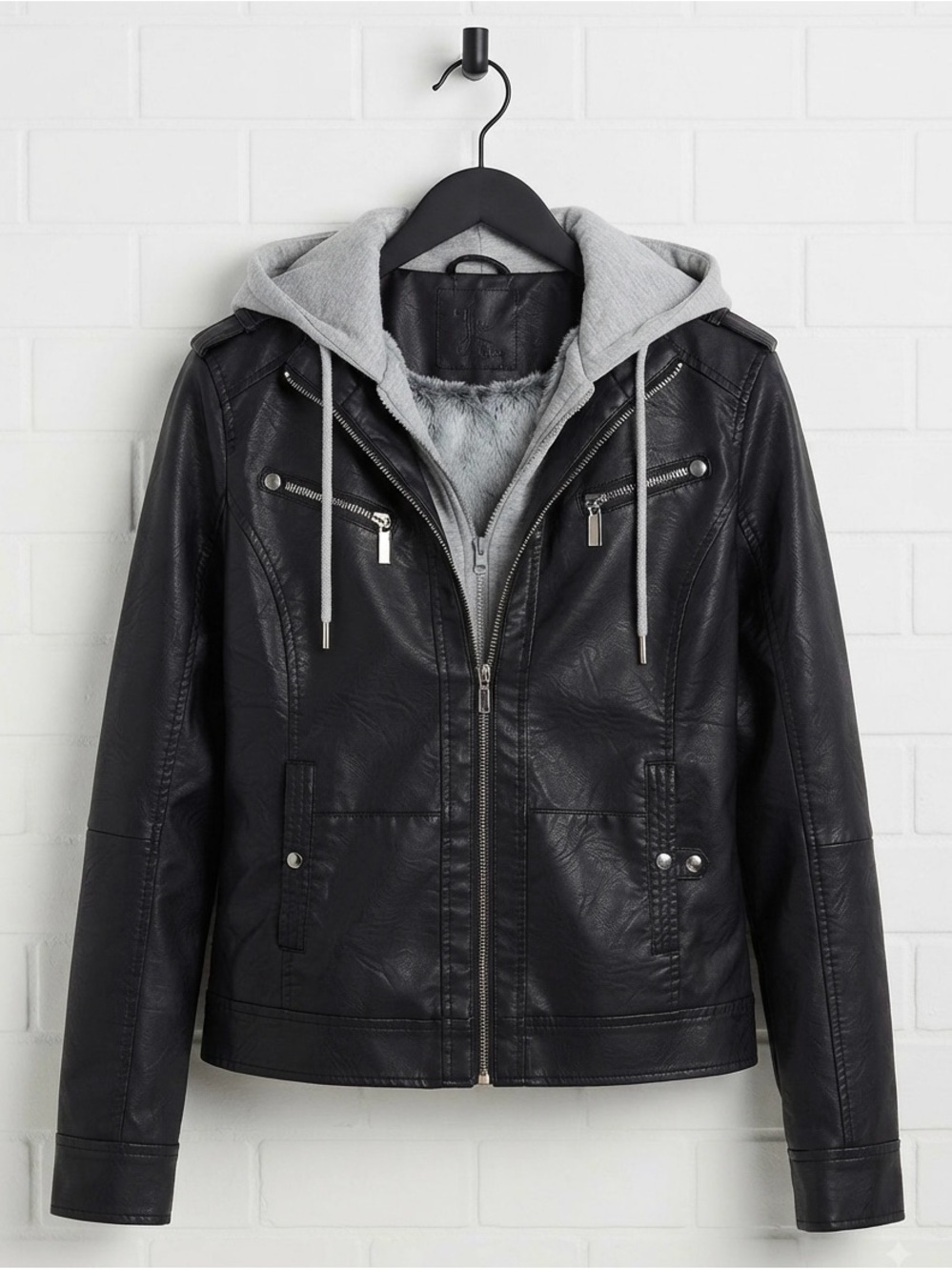 F2 Black Faux Leather Moto Jacket with Removable Grey Hoodie &
Faux Fur Lining